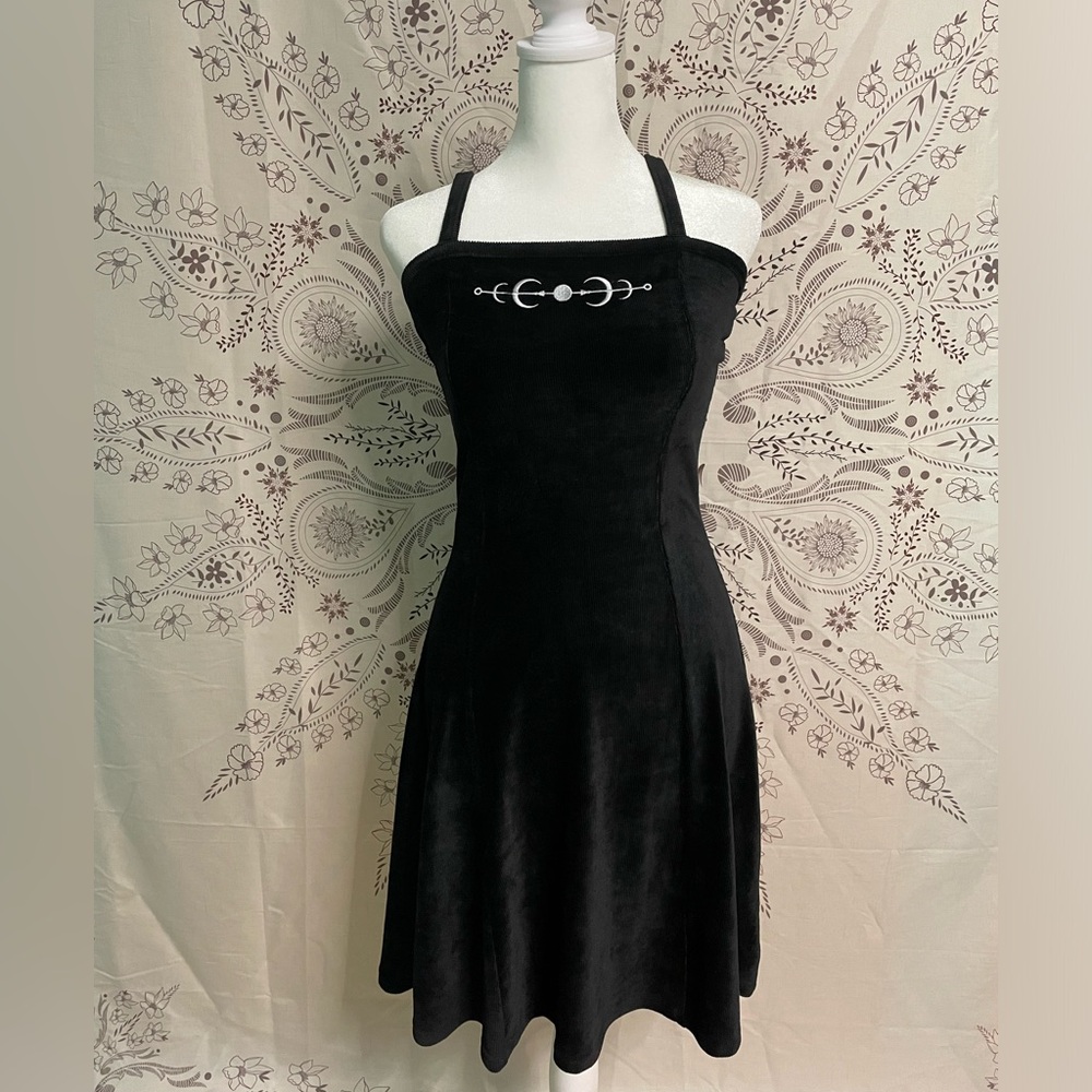 Black velvet midi dress w/ white moon embroidery
